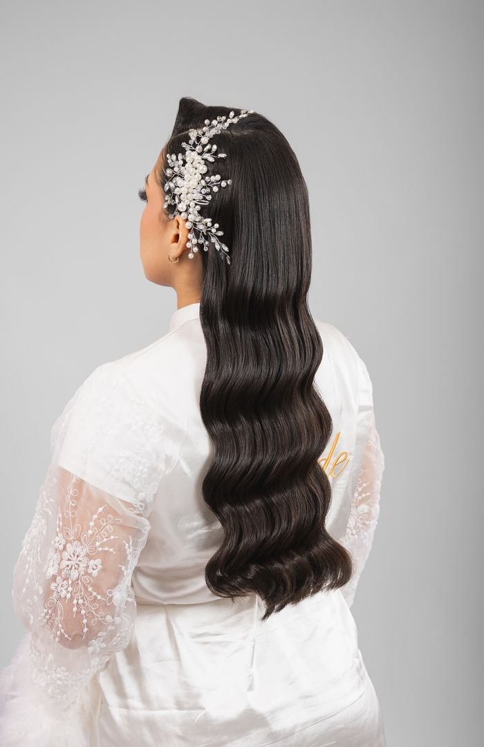 Bridal Hollywood waves with crystal hairpiece